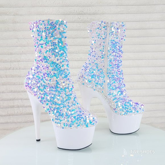 White Ice Multi Sequin Platform 7" Heels Ankle Boots Adore 1042 - Picture 4 of 8